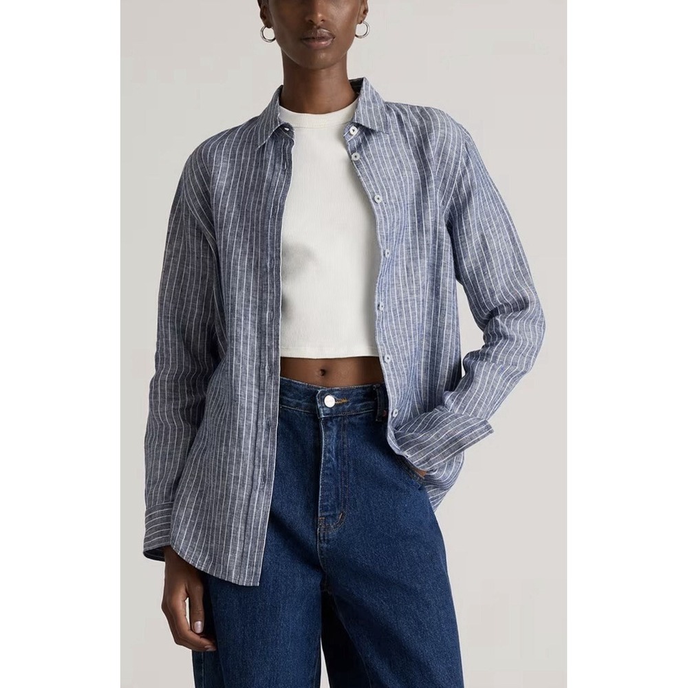 Quince Sz S Striped Linen Button Down Shirt Blue White Coastal Grandmother Boho